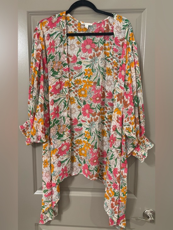 Cato Tops - Cato Floral Open-Front Kimono Top - Pink/Yellow/Green